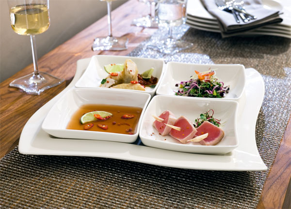 The New Wave Square Bowls ($13.50 each) can be used alone as individual cocktail plates or as a set with the New Wave Square Platter ($54) for hors d’oeuvres or a complete gourmet meal.    