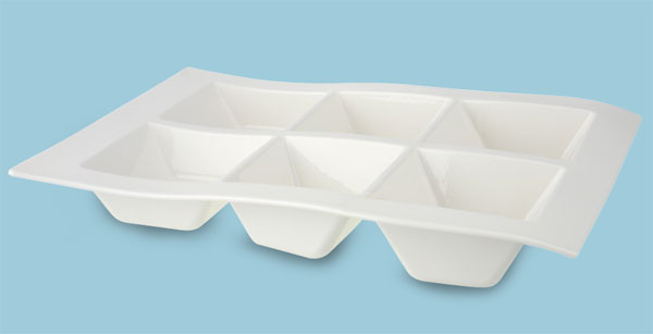 There are endless ways to use our modern New Wave 6 Part Divided Tray ($69.75). Build-your-own sundaes and baked potato toppings are two of our favorite ideas.