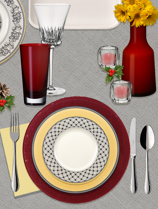 Audun dinnerware with red Verona charger