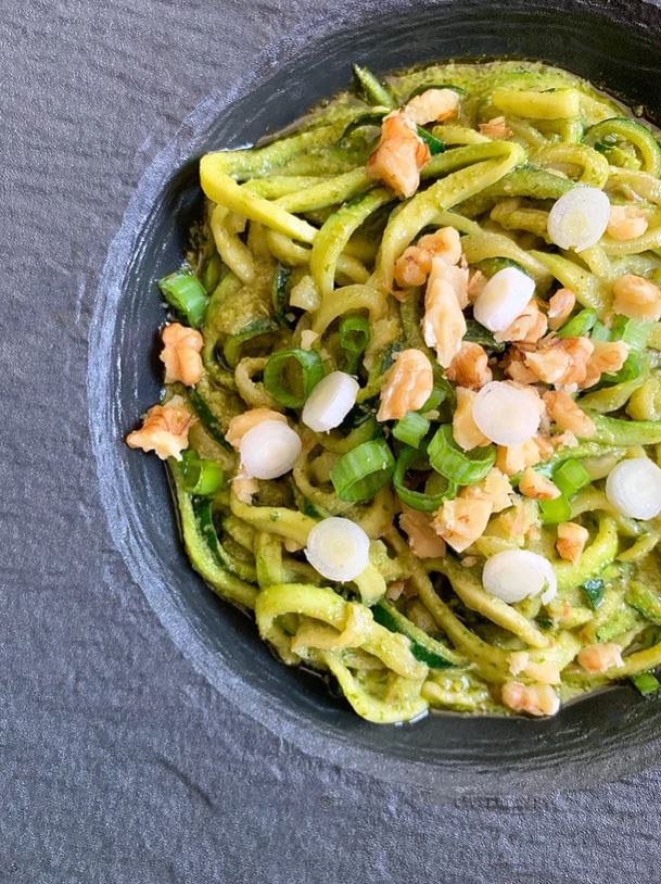 Vegan Arugula Pesto on Manufacture Rock dinnerware